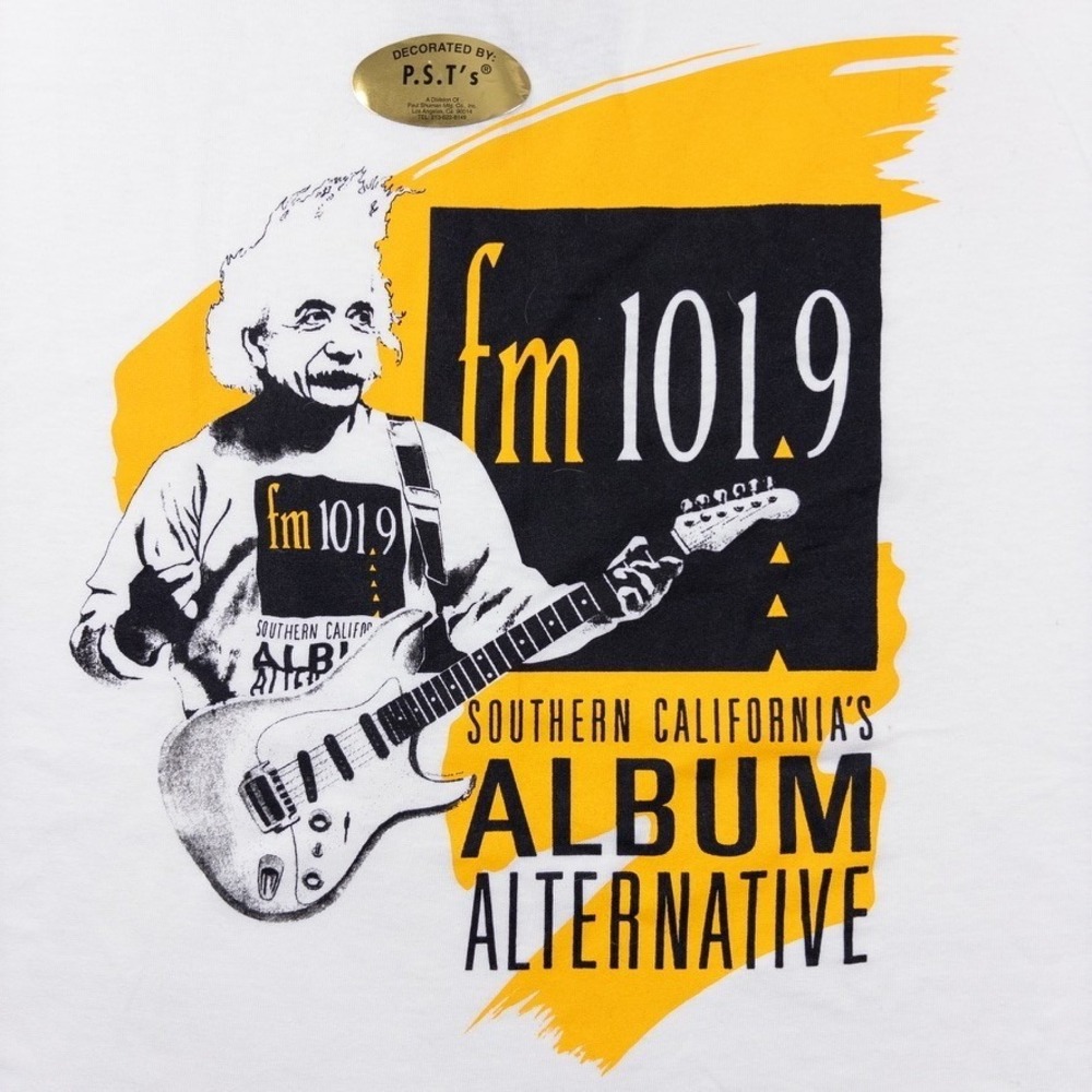 Vintage Single Stitch Rock Tee Mens Large White Albert Einstein FM 101.9 90s - Picture 2 of 8